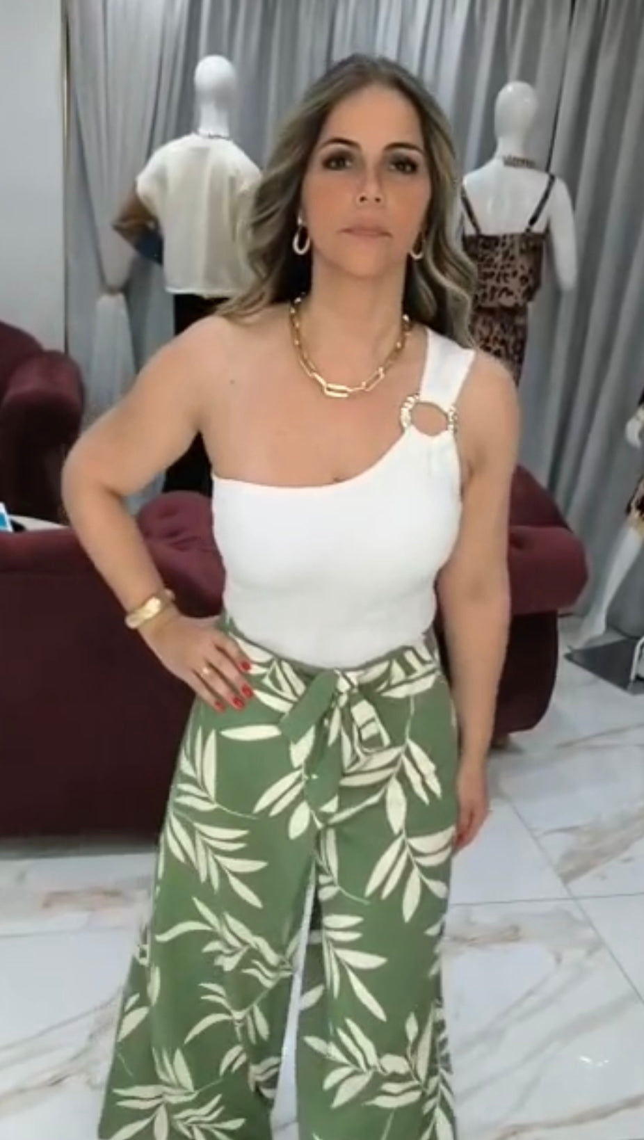 Calça Pantalona  Envelope Floral Verde