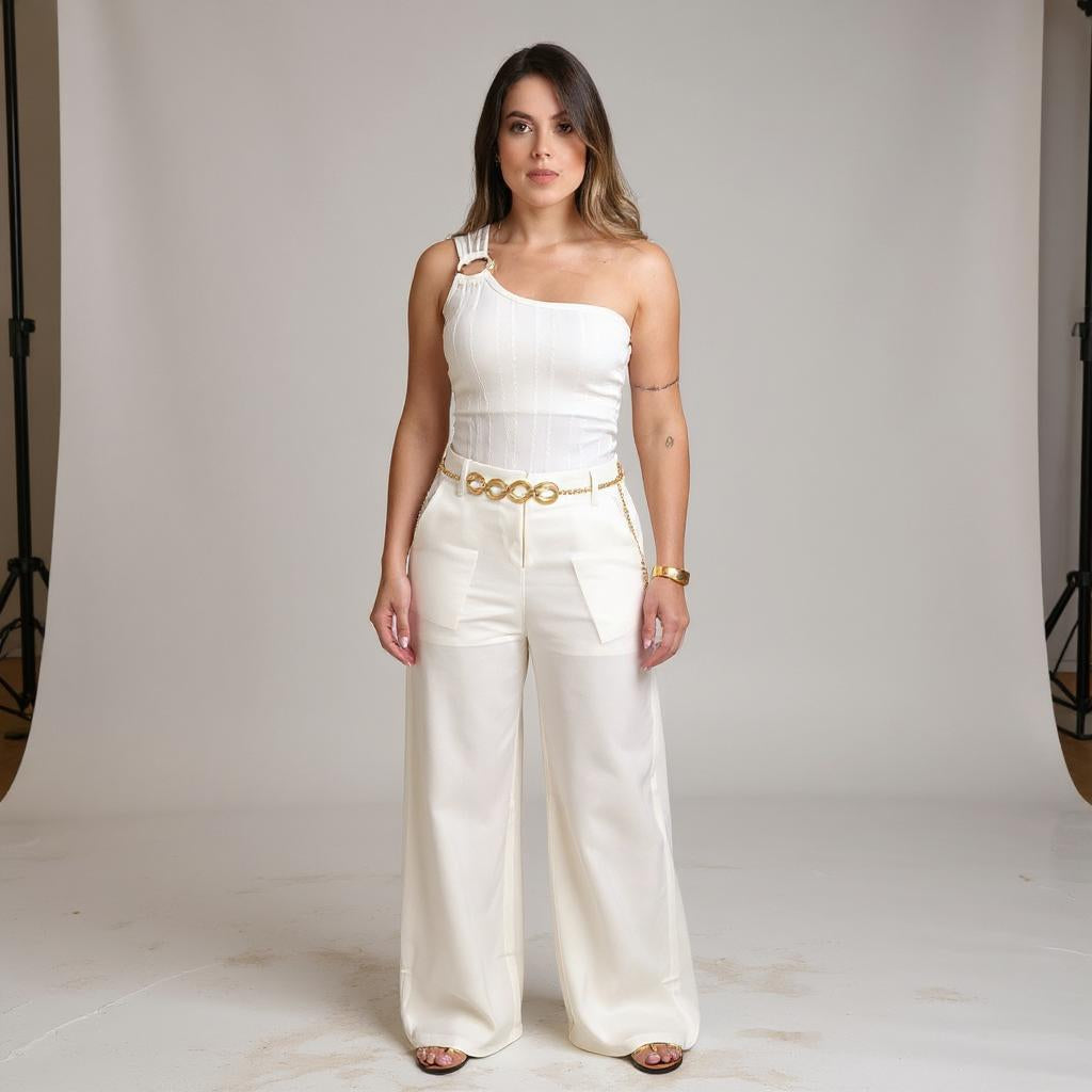 Modelo vestindo calça alfaiataria pantalona off white com caimento fluido, cintura alta e corte elegante, combinada com cinto dourado, em ambiente de boutique.