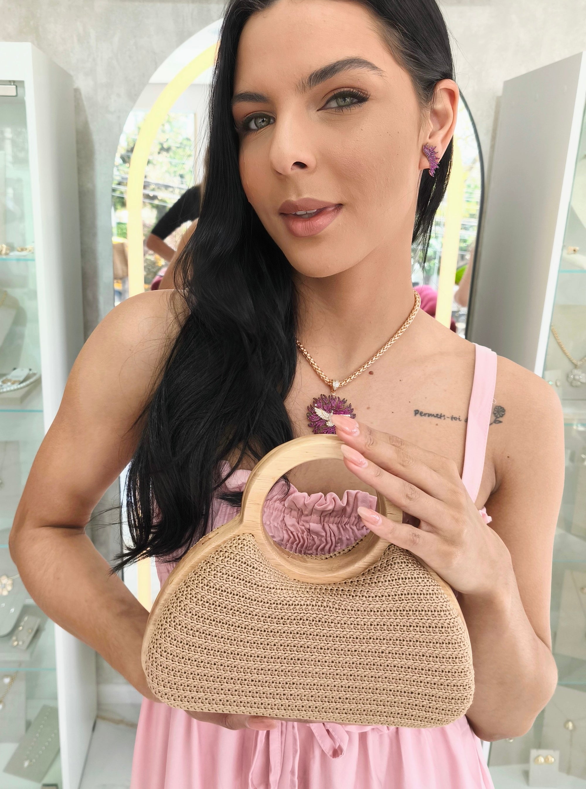 Bolsa Ana Clutch Madeira e Palha Classic