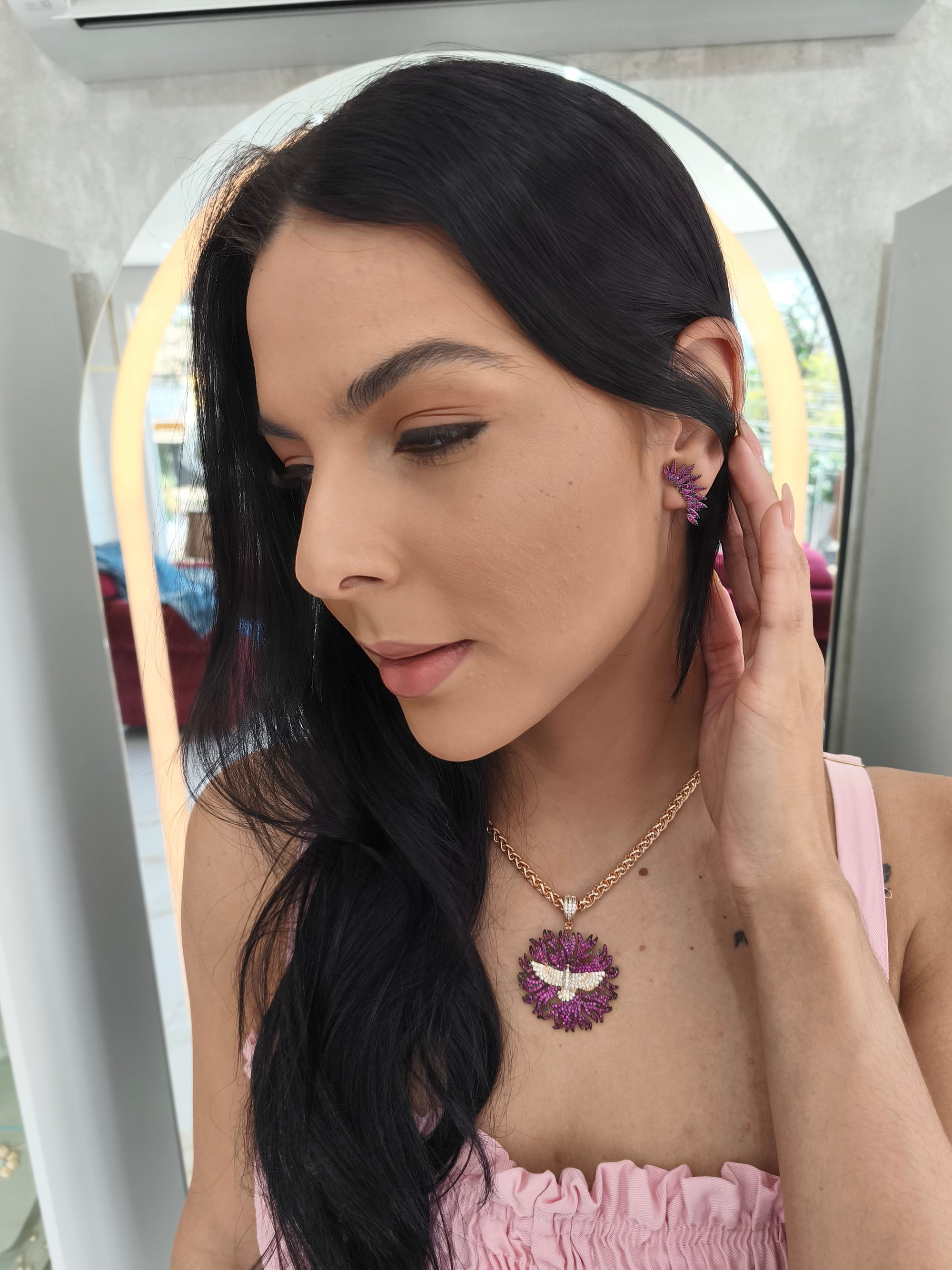 Conjunto Semi Joia Espírito Santo, Zircônia Pink Cravejado