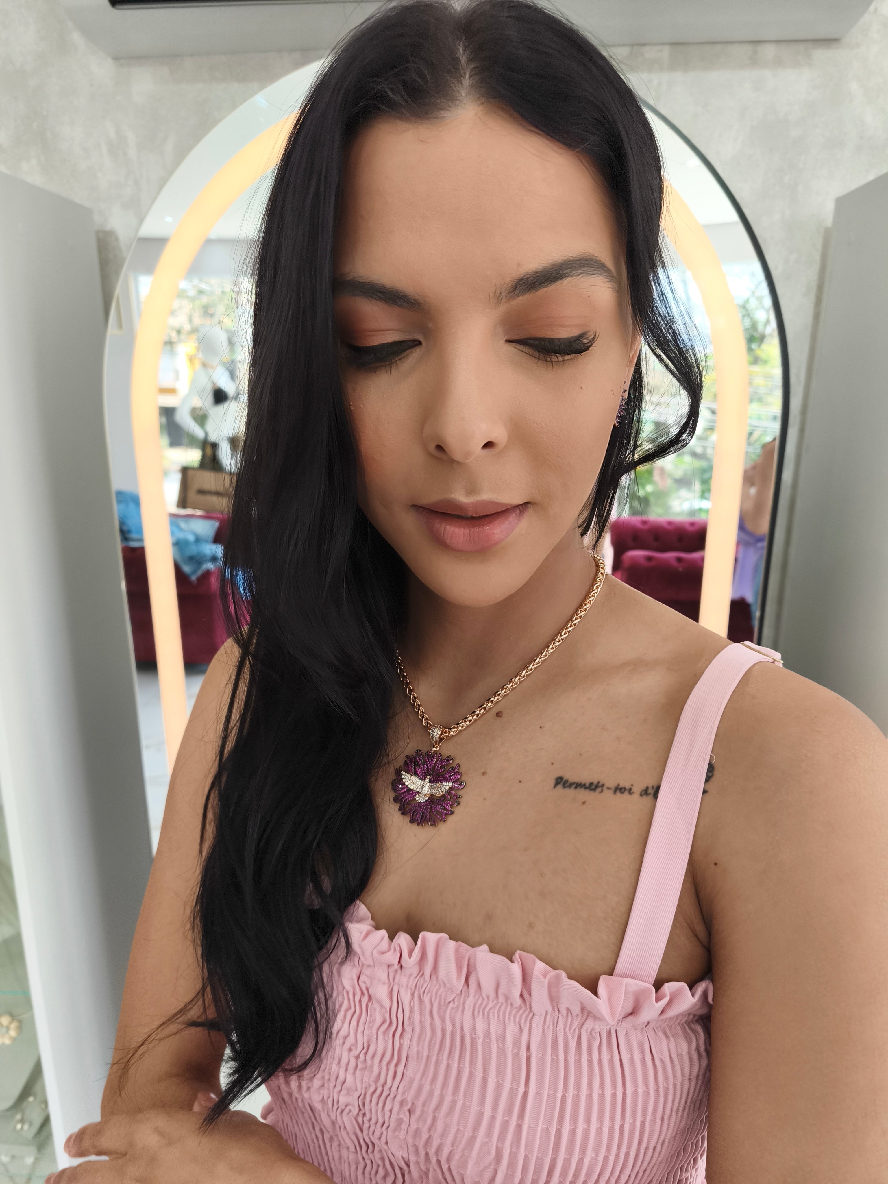 Conjunto Semi Joia Espírito Santo, Zircônia Pink Cravejado