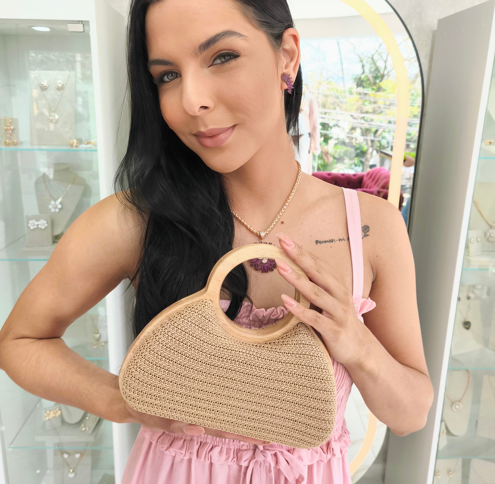 Bolsa Ana Clutch Madeira e Palha Classic