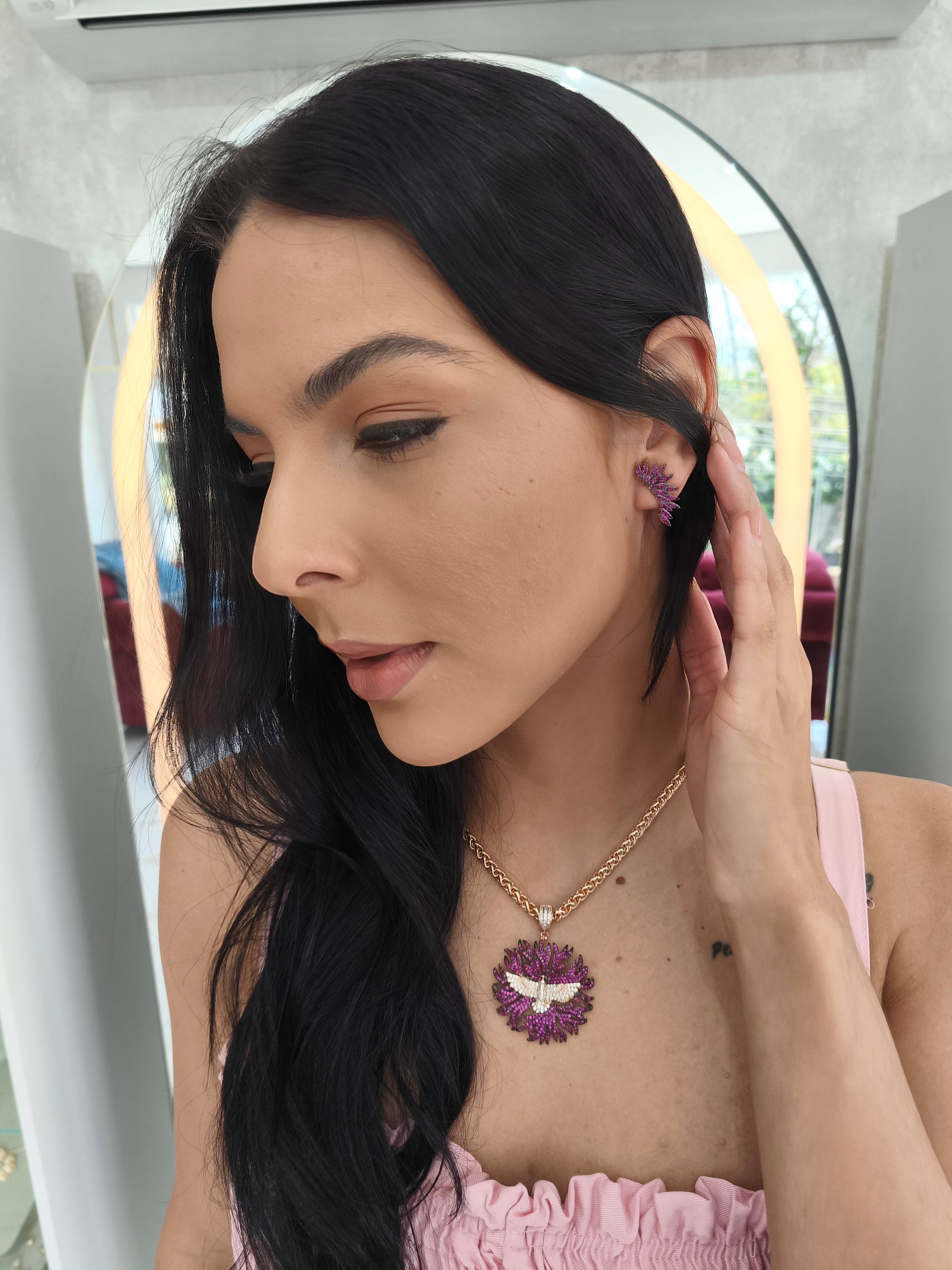 Conjunto Semi Joia Espírito Santo, Zircônia Pink Cravejado