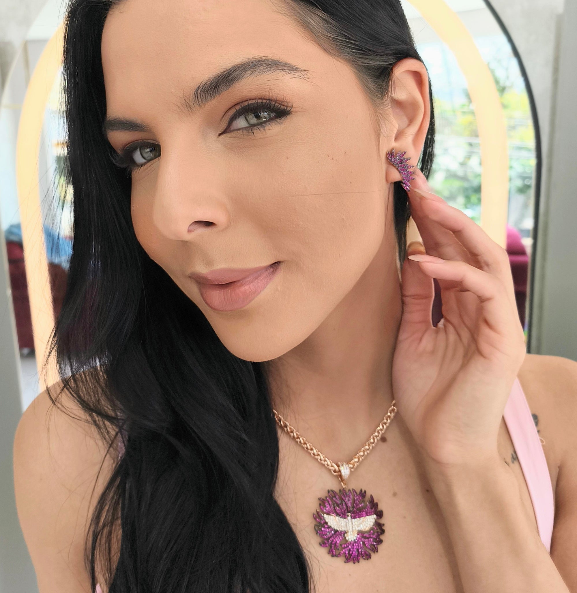 Conjunto Semi Joia Espírito Santo, Zircônia Pink Cravejado