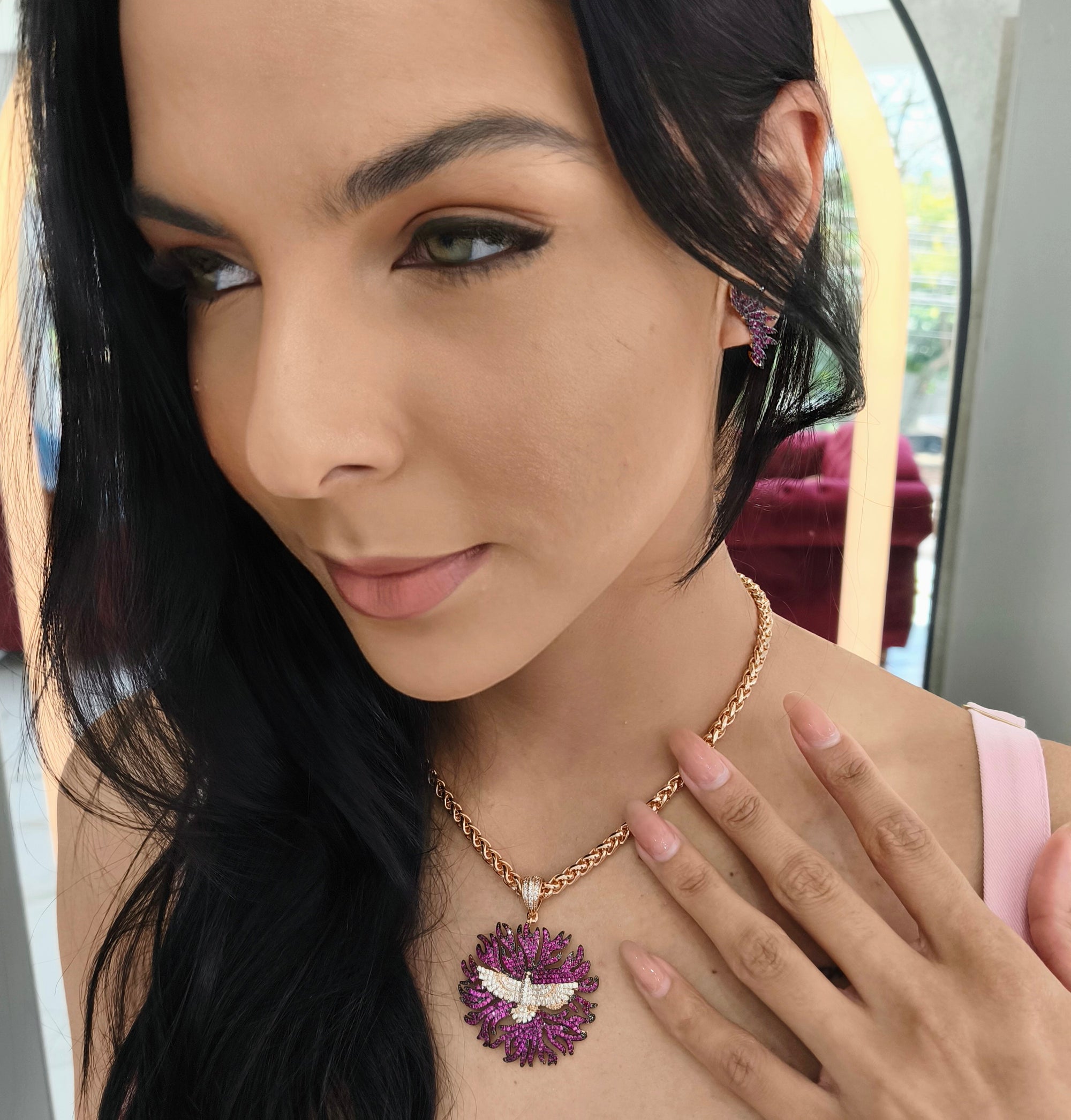 Conjunto Semi Joia Espírito Santo, Zircônia Pink Cravejado