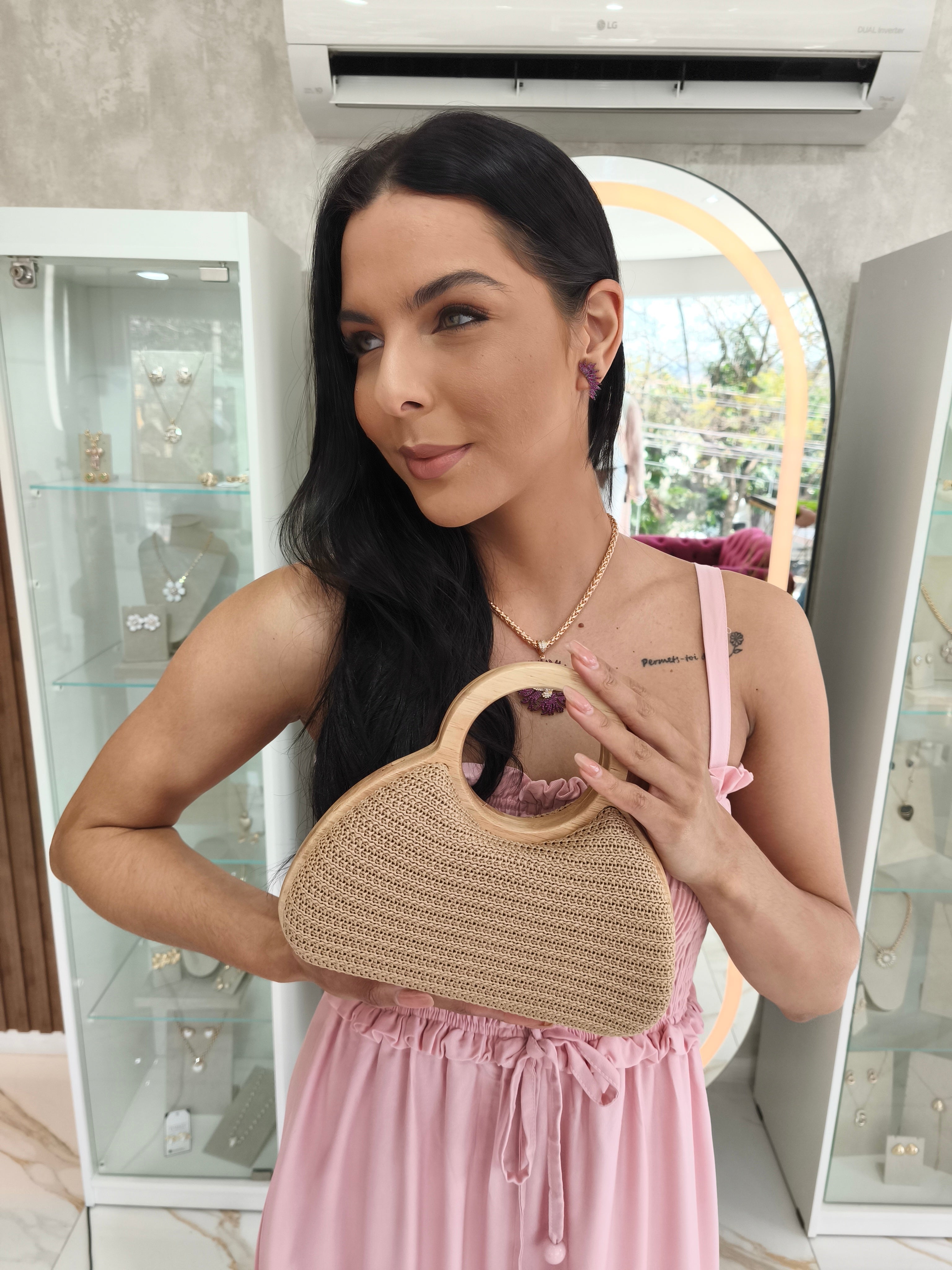 Bolsa Ana Clutch Madeira e Palha Classic