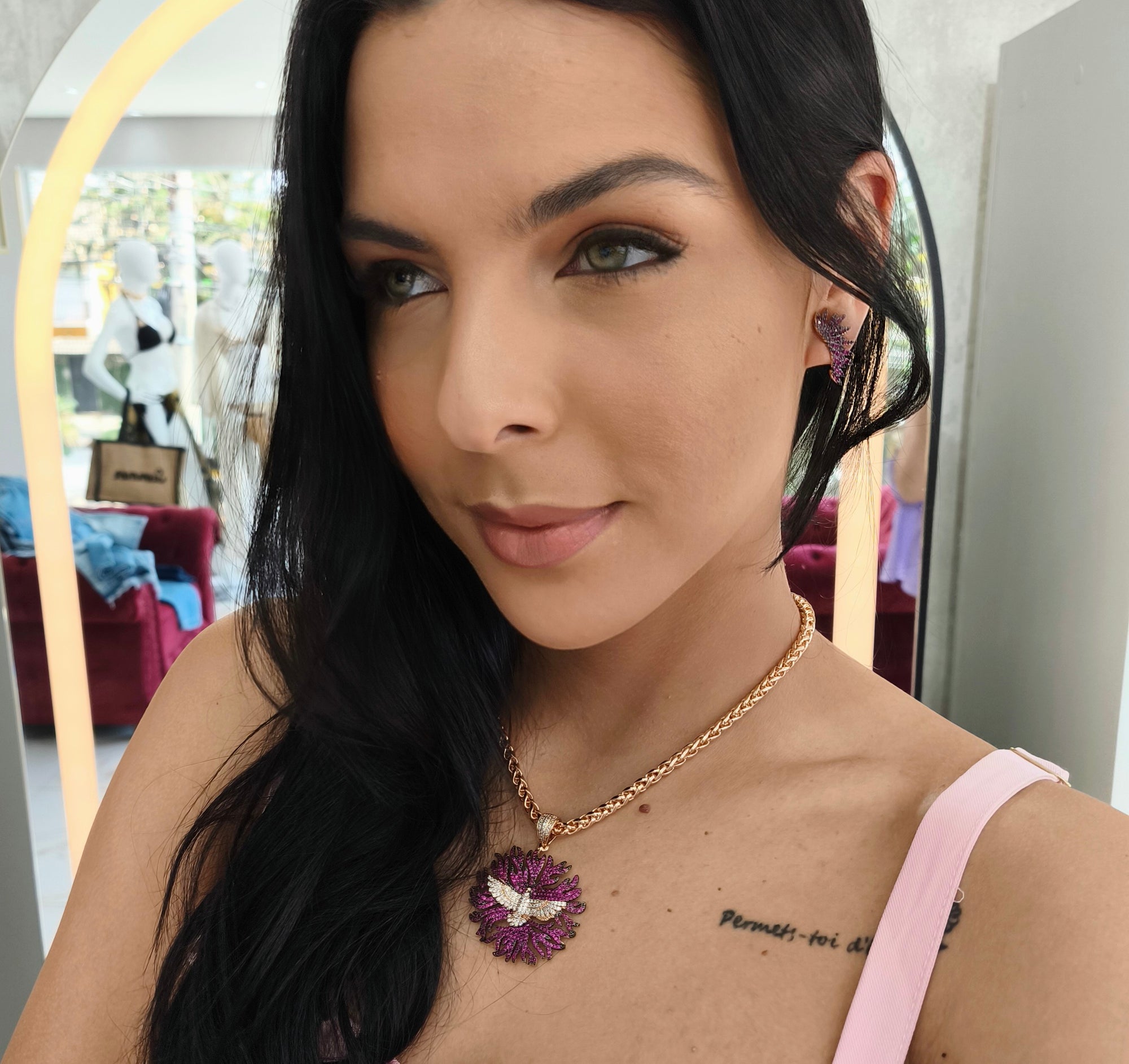 Conjunto Semi Joia Espírito Santo, Zircônia Pink Cravejado