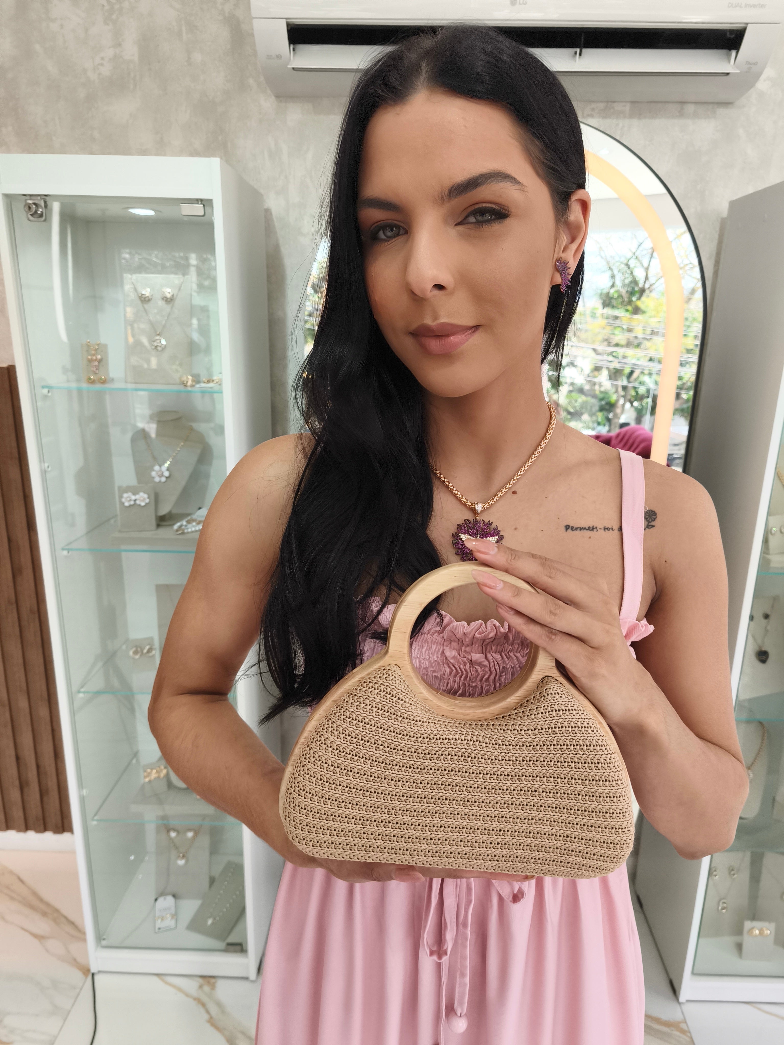 Bolsa Ana Clutch Madeira e Palha Classic