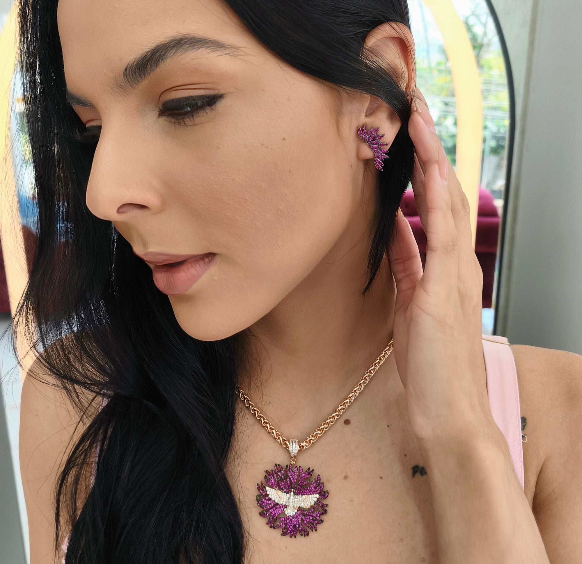 Conjunto Semi Joia Espírito Santo, Zircônia Pink Cravejado