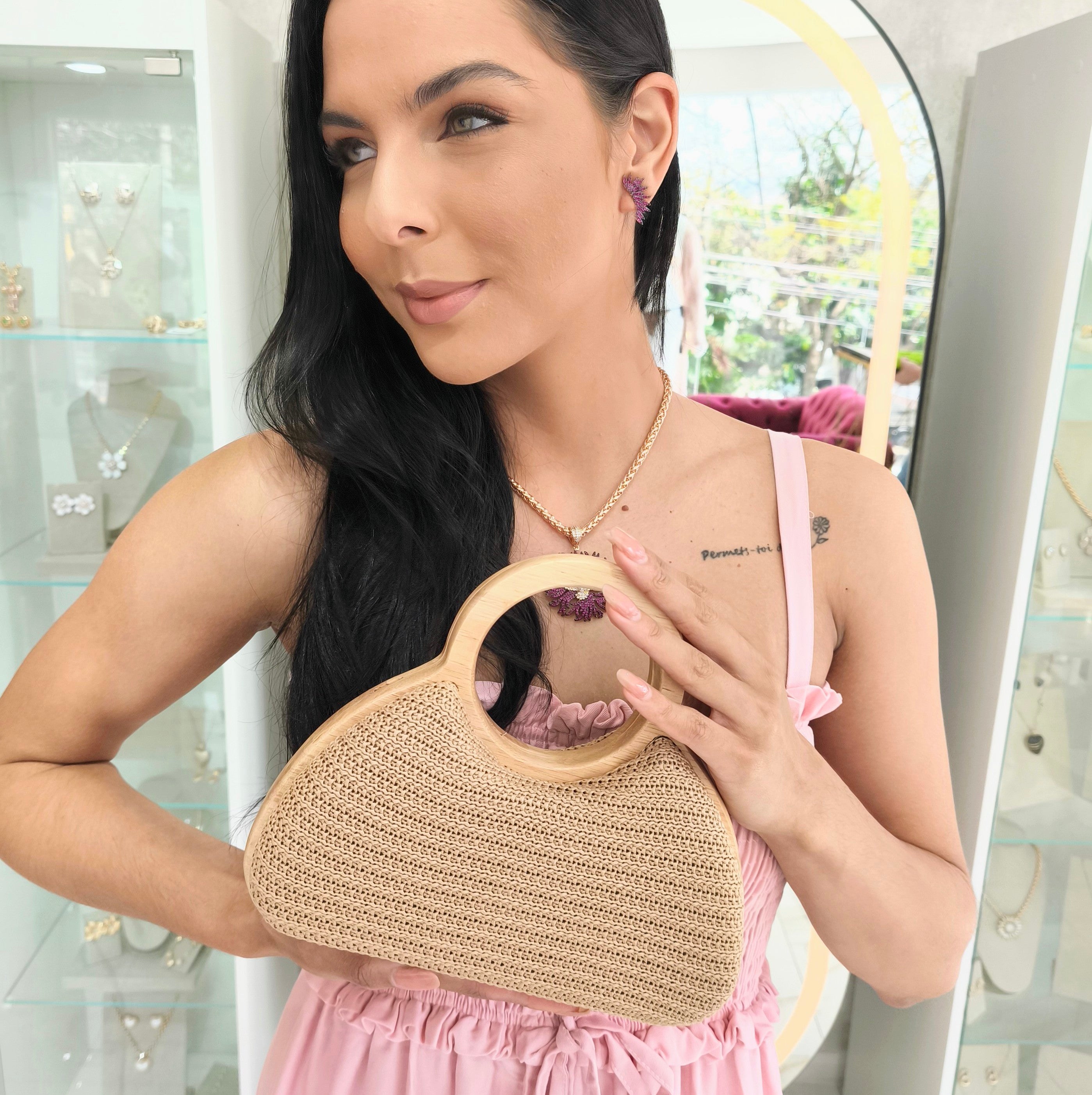 Bolsa Ana Clutch Madeira e Palha Classic