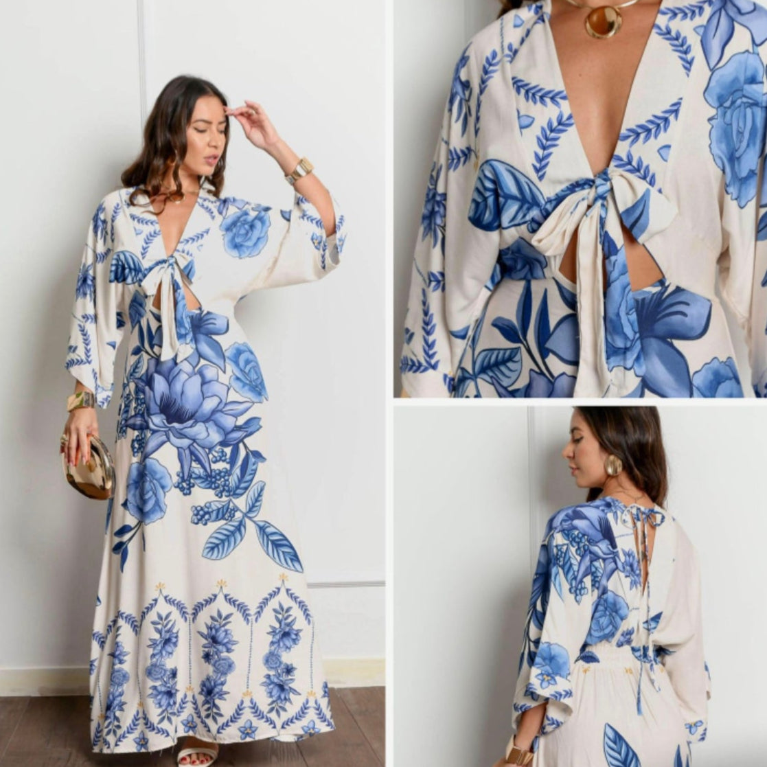 Vestido longo floral branco e azul, manga morcego, decote frontal, modelo de frente